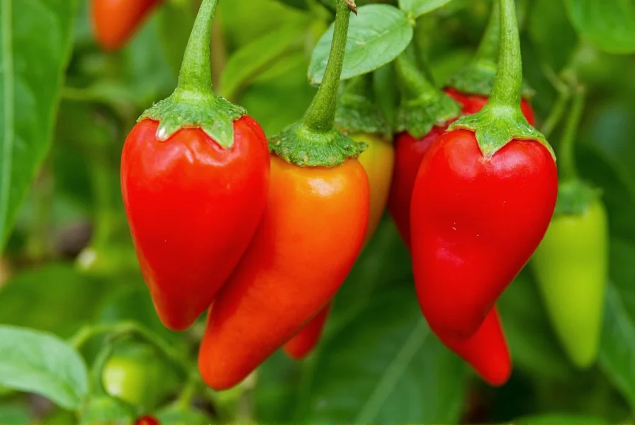 Close-up view of red chili peppers showing different stages of ripeness on plant