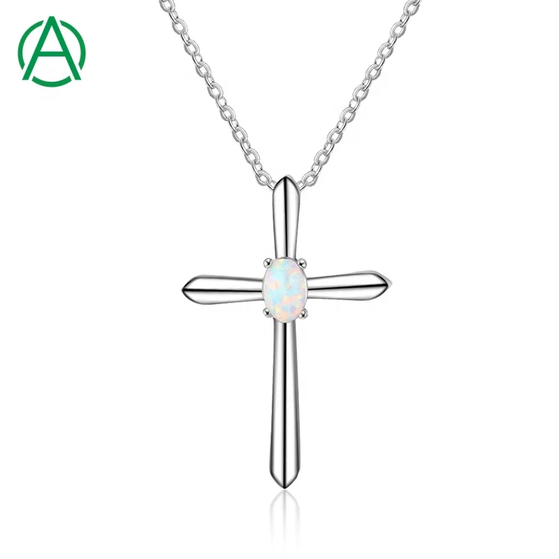 

ArthurGem New Delicate Jewelry S925 Sterling Silver Opal Cross Pendant Necklace Long Chain Cross Necklace for Women