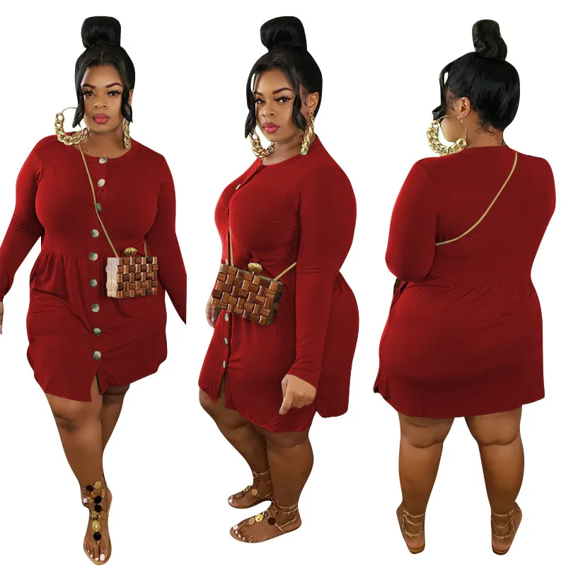 

Slim-fit cardigan side pockets long-sleeved autumn plus XL-5XL size dress