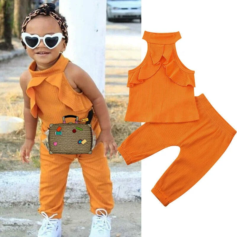 

Lovely Toddler Kid Baby Girl Clothes Sets Ruffles Solid Sleeveless Tops+Long Pants Outfits Summer 2Pcs Set, As picture