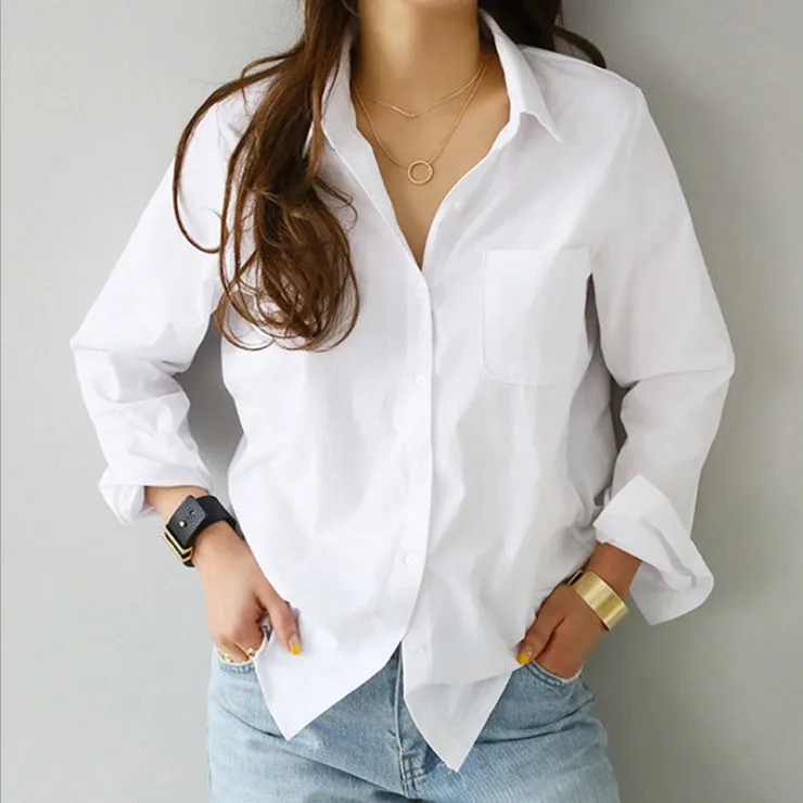 

Hot sale ladies fashion solid color long sleeve shirts simple loose cotton white shirt for women, Different colors and support to customized