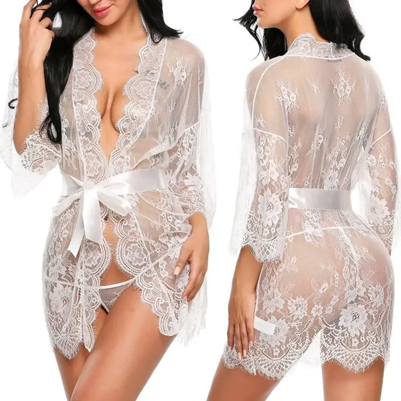 

Women sexy Lingerie Robe Lace Kimono Bathrobes Sexy Nightgowns V Neck Night Sleepwear, Black