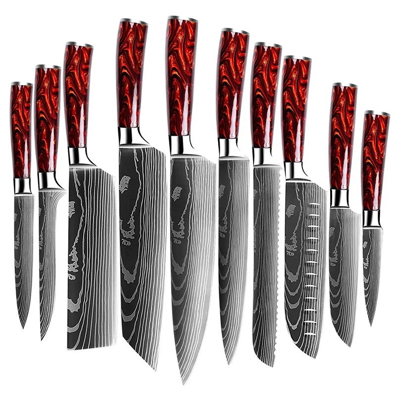 

NEW design use for Cooking colorful Handle Stainless Steel Laser Damascus Pattern Kitchen Knives Set