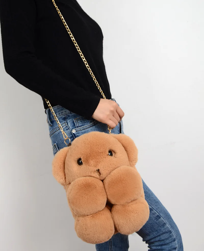 

2020 Fashion Cute Imitation Rex Rabbit Fur Bear Bags Female Shoulder Crossbody Backpack Chain Plush Bag