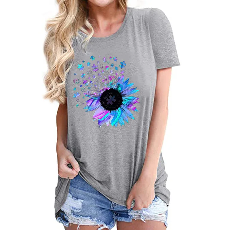 

2021 factory wholesale Casual T Shirt For Women Flower Pattern Loosen round neck T Shirt for Women