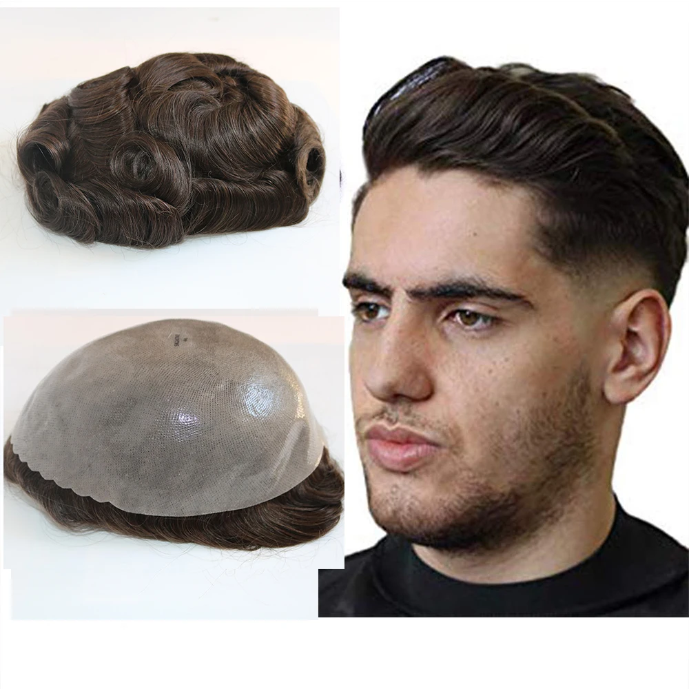 

Durable Skin Natural Hair Men Toupee Natural Looking Indian Remy Hair Clear Poly Base Human Men Hair Replacements