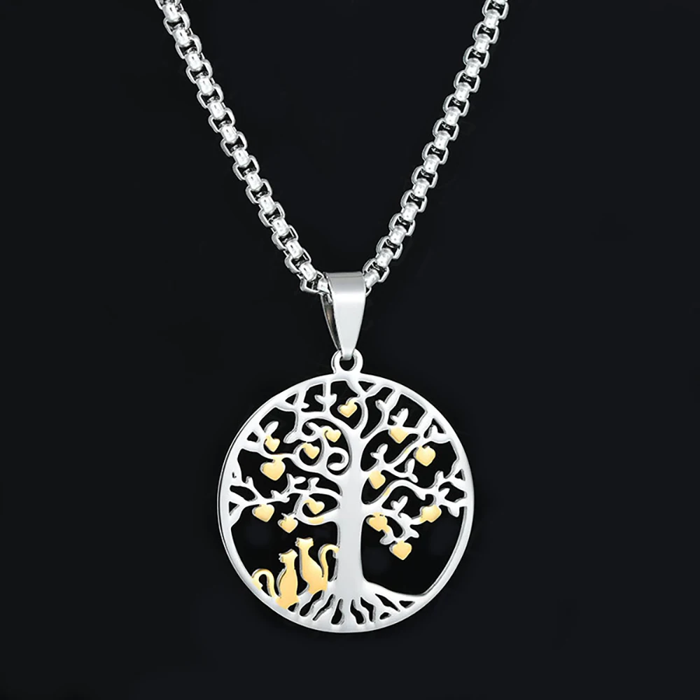 

Wholesale Hollow Pendant Cat Under The Tree of Life Necklace Stainless Steel Antique Gold Plated Link Chain Necklace FAMILY GIFT