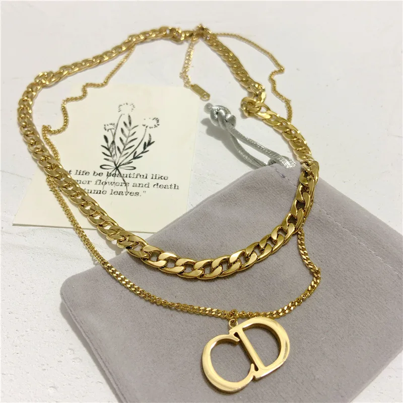 

Fashion Luxury Branded Designer Necklace Multi Layered Letter CD Stainless Steel Necklace for Women Jewelry