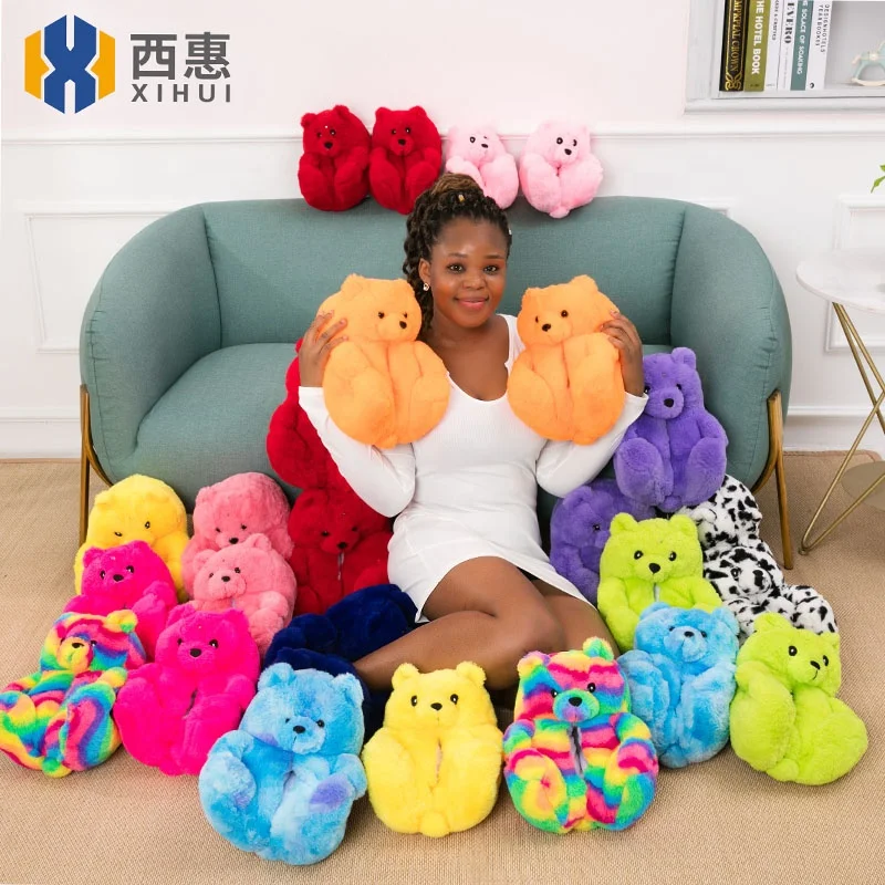 

Amazing Christmas Gift Flashing Light-up Teddy Bear Slippers for Women Girls Soft Indoor Fur Slippers Home Shoes, Picture