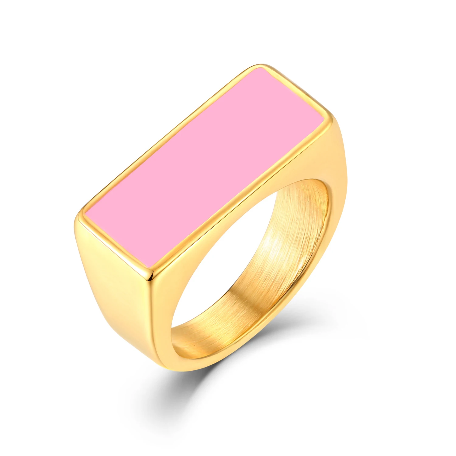 

Dr. Jewelry Stainless Steel 18K Gold Rectangle Shape Pink Green Enamel Dripping Oil Custom Swoosh Rings for Men Best Luxury Gift, See picture