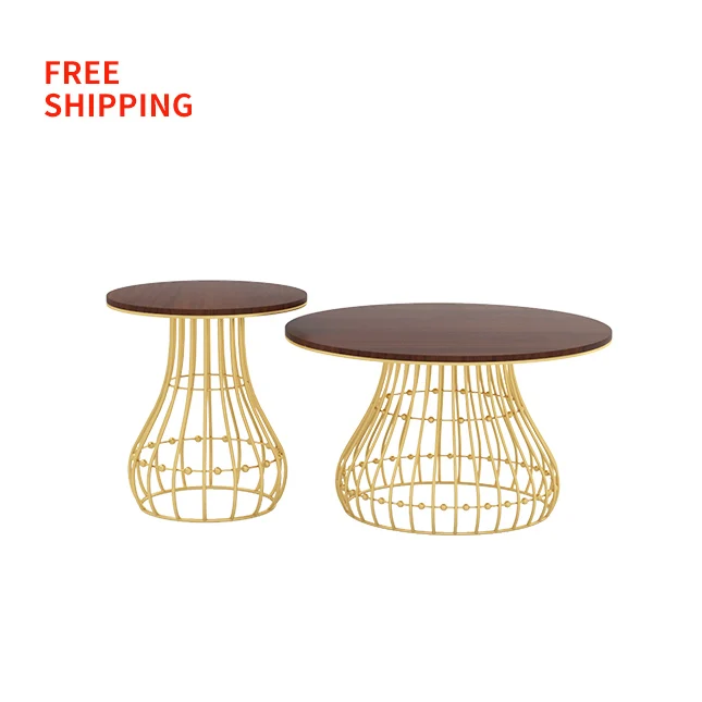 

Modern dark walnut color round coffee table set free shipping living room furniture metal frame coffee table set, Gold bracket + light walnut countertop