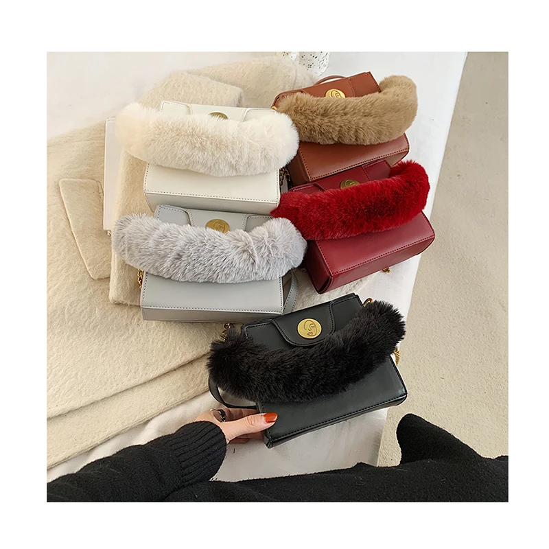 

Solid Color Face Lock PU Leather Crossbody Bag for Women 2020 Fashion Fur Handle Ladies Shoulder Bag Brand Designer Handbags