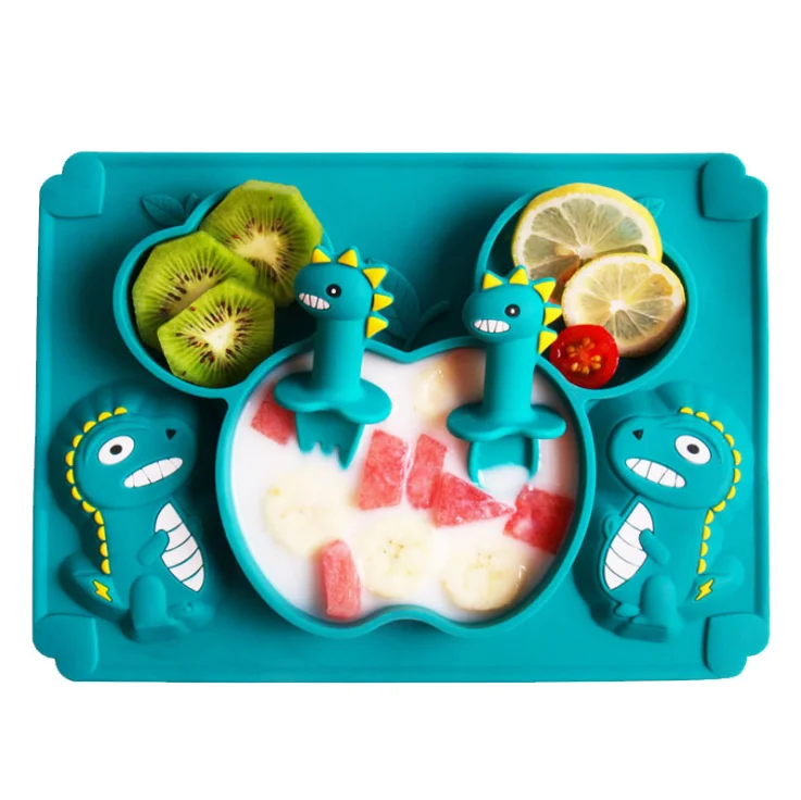 

Food Grade Silicone Suction Baby Cartoon Dinosaur Plate Silicone Food Plates For Babies
