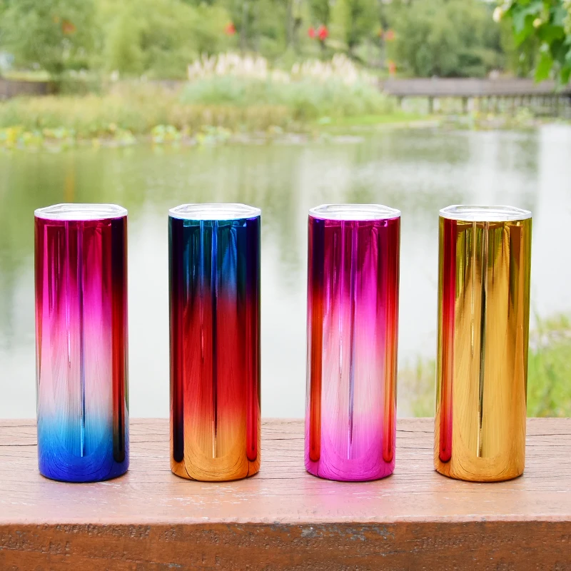 

Sichuan Locusts Wholesale Stainless Steel UV Electroplate Metallic Ombre Double Walled Tumbler 20oz Straight Skinny Tumbler Cups, 4colors available