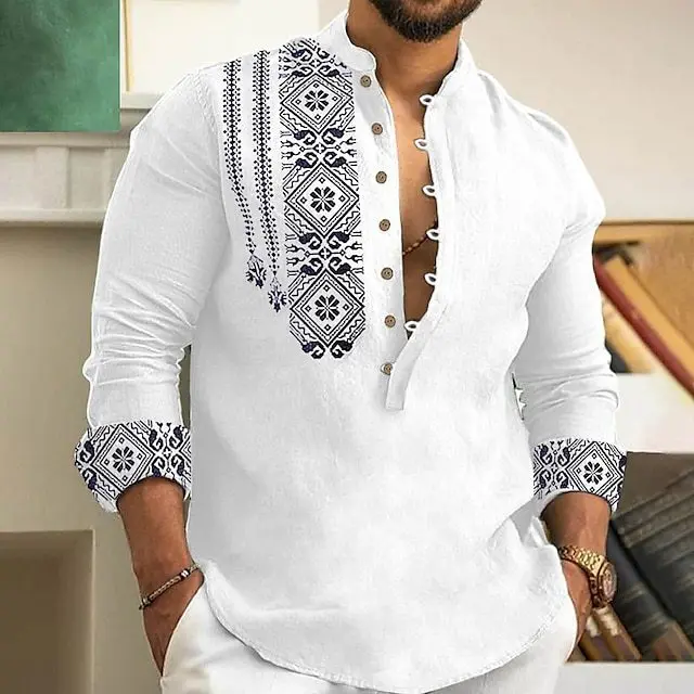 

2023 new men's fashion printed long sleeve stand collar trend cover casual thin shirt men