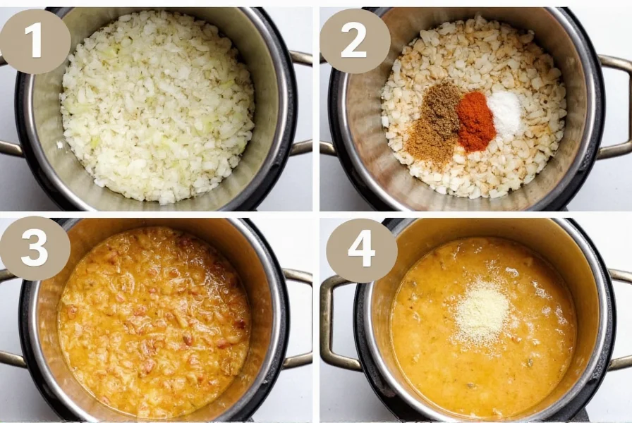 Schritt-für-Schritt-Zubereitung weißen Hühnch Chili mit Zwiebeln, Gewürzen und finaler Präsentation