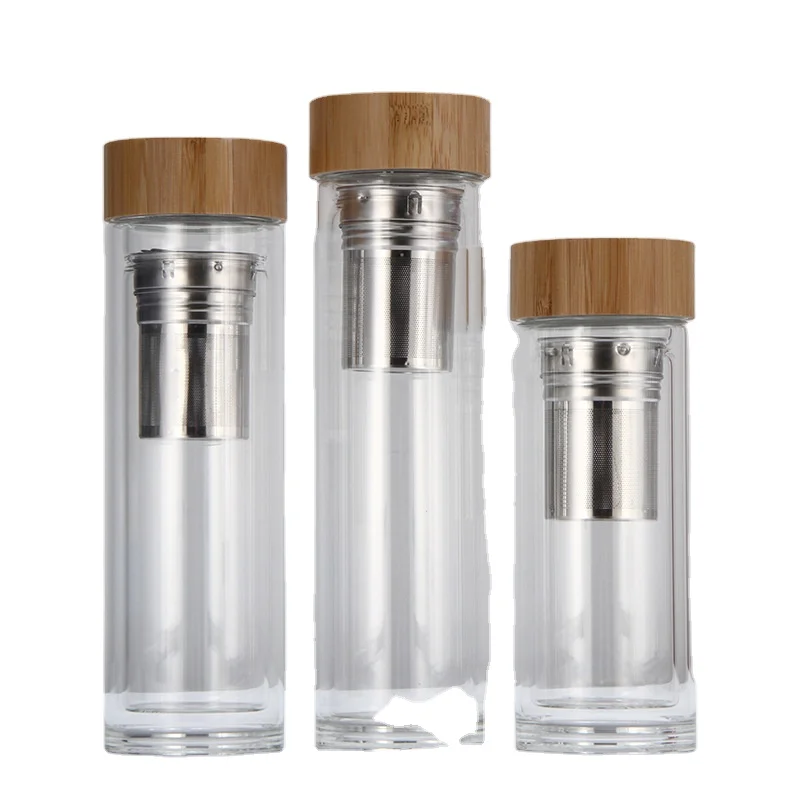 

Double wall manufacturer selling glass coffee tumbler tea fruit filter infuser glass water bottles with bamboo lid, Customized color
