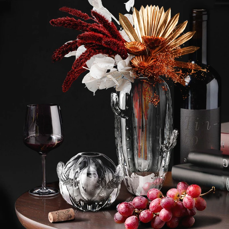 

Nordic Light Luxury Style Modern Coffee Table Flower Pot Indoor Cactus Glass Vase Set, Smoky grey/amber