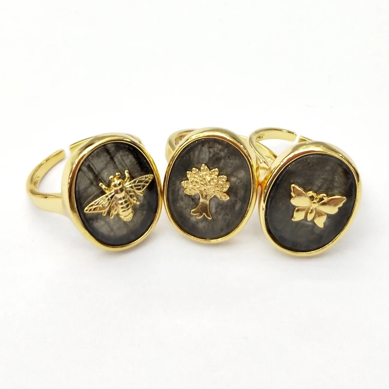 

Natural Fashion labradorite Stone Ring Birthstone Oval Gemstone Boho Slice Jewelry Statement Gold Cuff Adjustable Rings Women