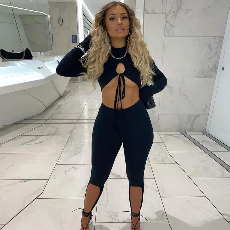 

Summer new sexy women clothing tethered long sleeve high waist trousers two piece pant set