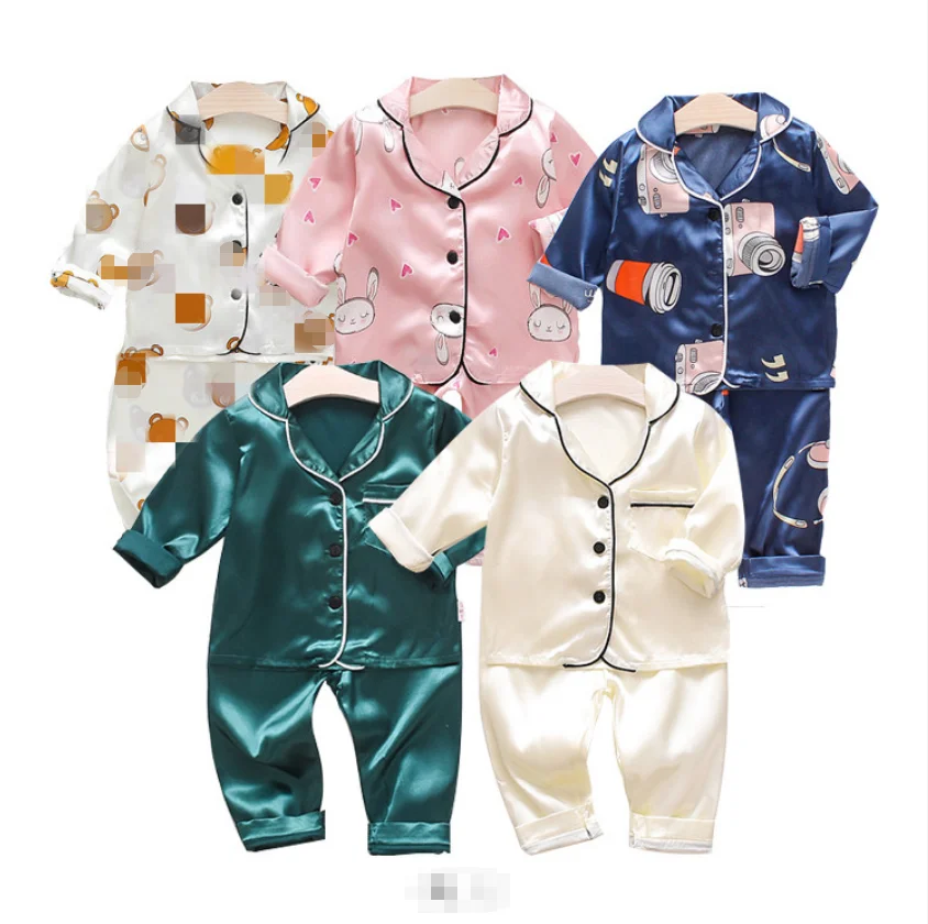 

Fashion solid print long sleeve silk satin sleepwear children's boys girls cartoon kids pajamas