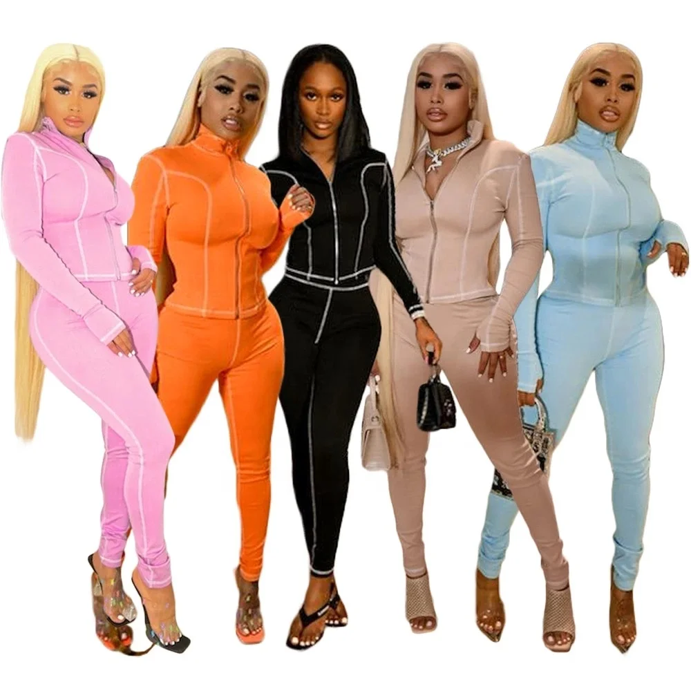 

Spring 2021 new arrival ladies casual sports two piece sets &girls solid colorful tracksuits