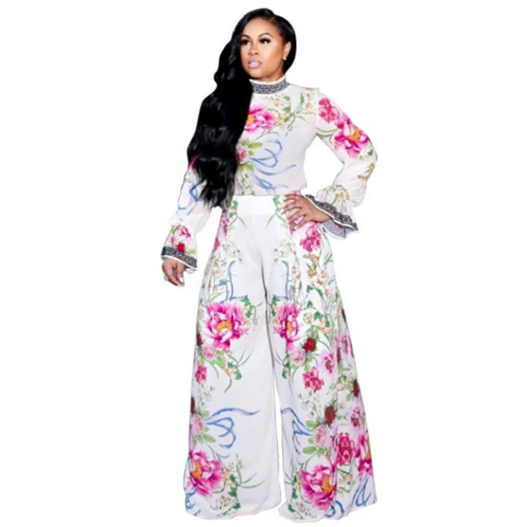 

Holiday flower printed wide leg long sleeve chiffon women's pant set