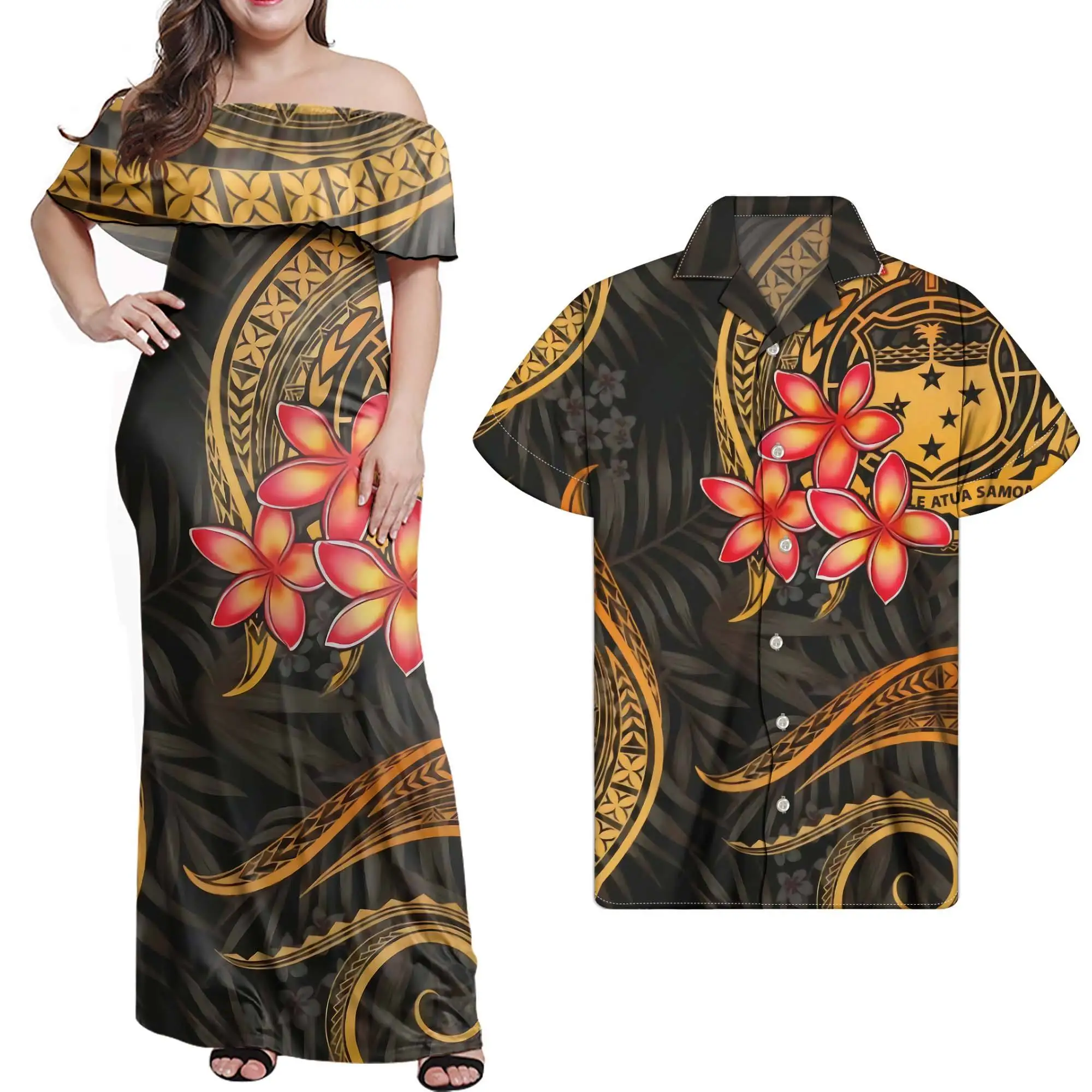 

Couple SAMOAN Clothes Polynesian Tribal Design Casual Women Off Shoulder Ruffle Dress & Skirts Elegant Men&Women Match Clothes