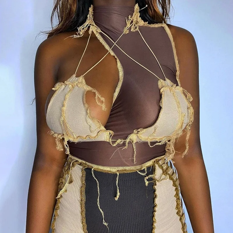 

2021 Sleeveless sexy hollow out fashion T-shirt stitched open back slim vest