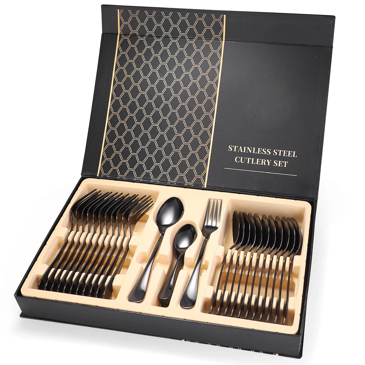 

Wholesale Metal Silverware Kitchen 36pcs Tea Coffee Black Dessert Gold Flatware Spoon And Fork Cutlery Set Stainless Steel