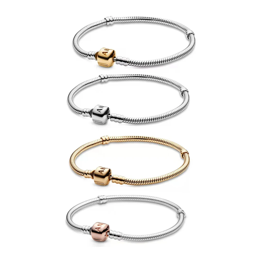 

Fits Pandora Moments Bracelets 925 Sterling Silver Jewelry Letter Clasp Snake Bone Chain Bracelet Classic Women Gifts, Silver/gold/rose gold/full gold