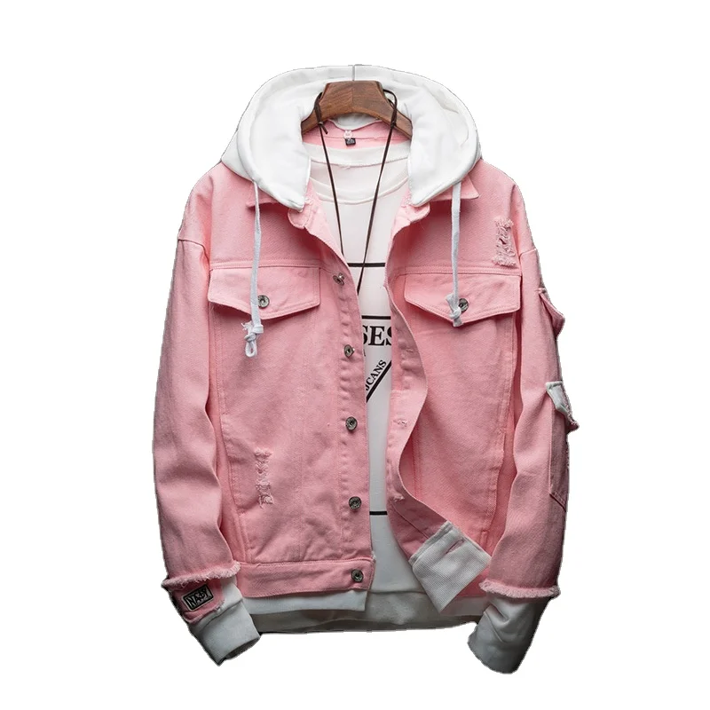

4 Colors Men Denim Jacket Fashion Hooded Long Sleeve Jackets with Holes Panelled Designer Jean Jacket