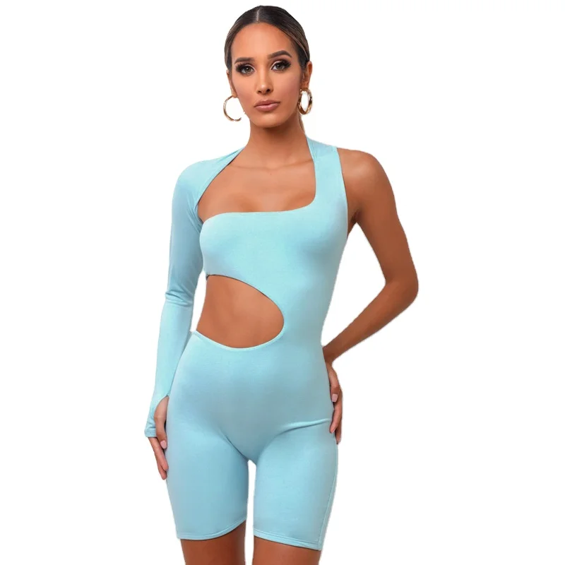 

New Ladies Irregular Solid Color Over The Shoulder Back Navel Hollow Slim One-piece Shorts, Picture