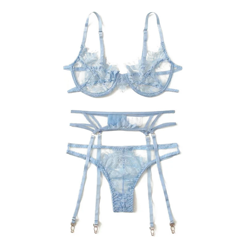 

Spot wholesale women's classic transparent mesh lace combination Floral Lace Underwire Garter underwear Set, Baby blue