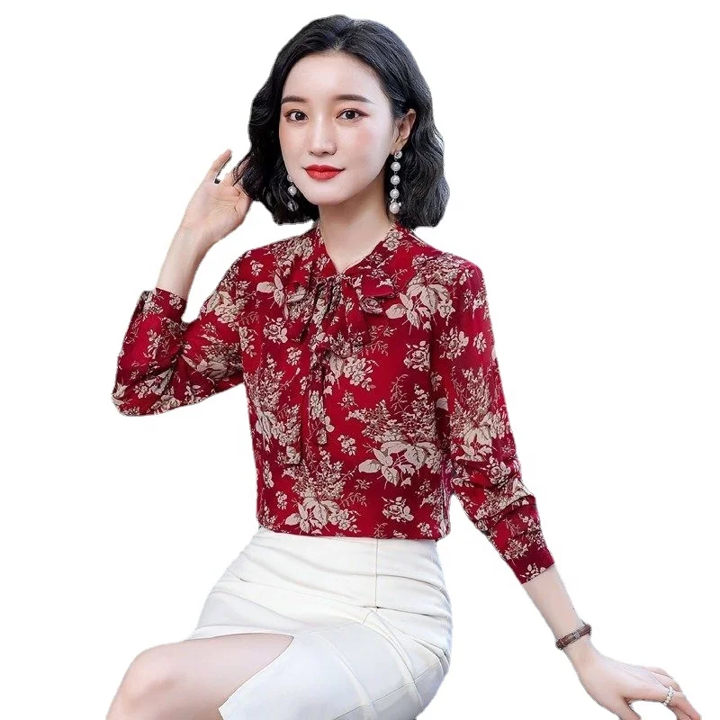 

Floral chiffon shirt 2021 new mother's long-sleeved big size women long shirt
