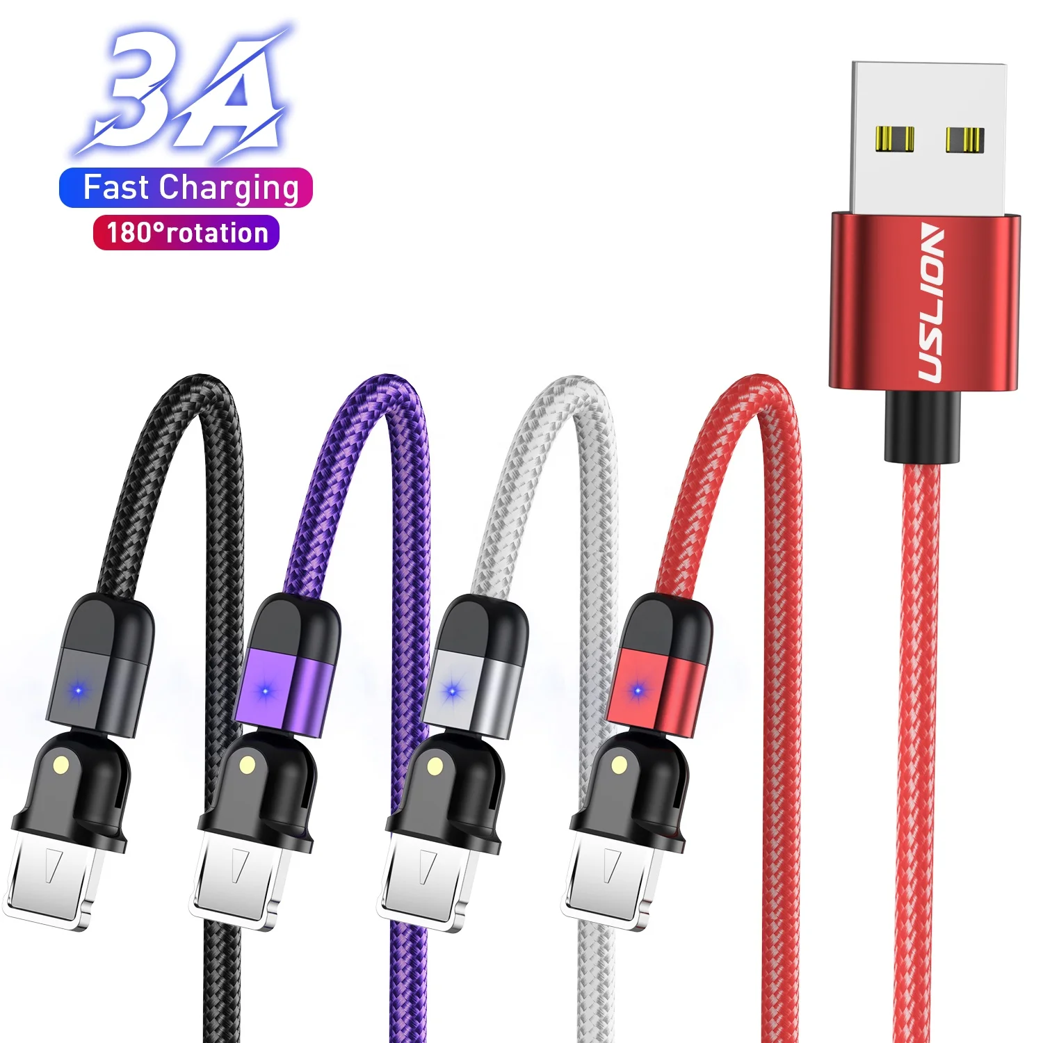 

USLION 2021 OEM 180 Rotate Usb Cable Premium USB Cable 3A Fast Charging USB Data Cable Charger For iPhone, Black, red