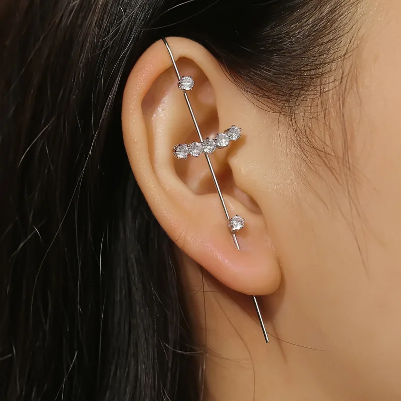 

Copper inlaid zircon silver piercing ear needles surround ear bone clip diagonal earrings female factory wholesale