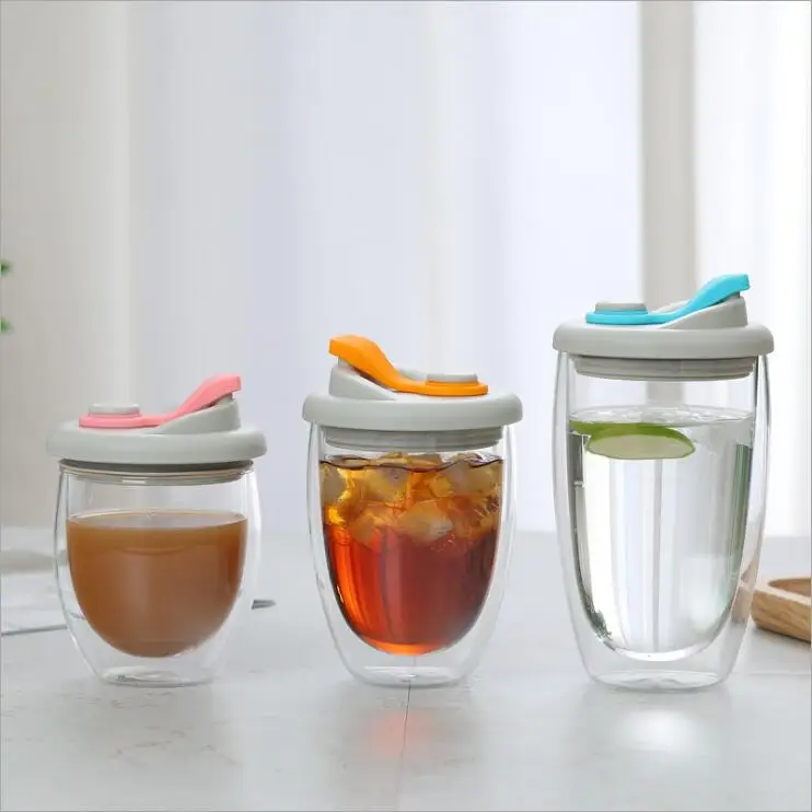 

Reusable Healthy Silicone Lid Double Wall Insulated Egg Glass Coffee Cup 250ml 350ml 450ml, Transparent