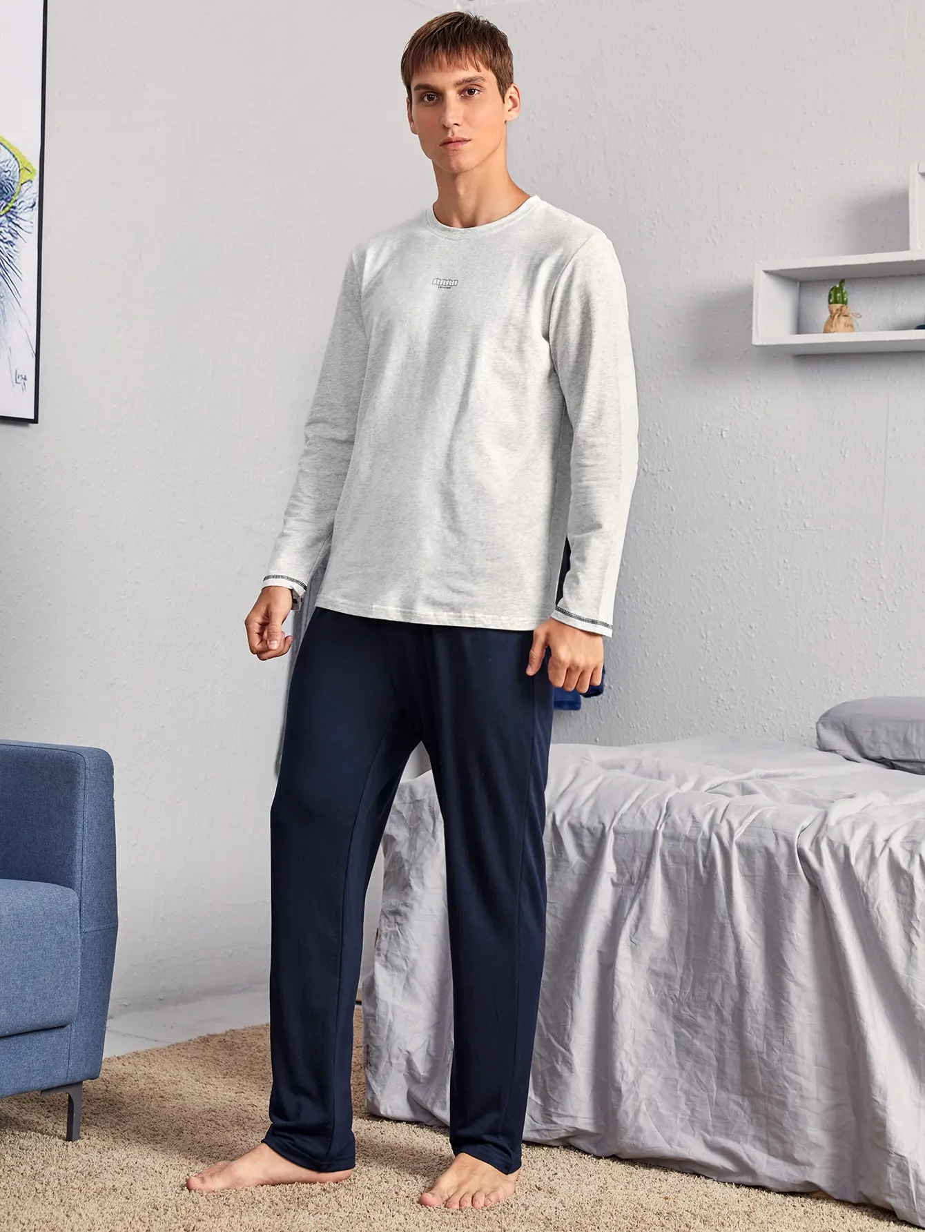 批发男士睡衣套装长袖睡衣轻便睡衣套装圆领柔软睡衣经典pj套装