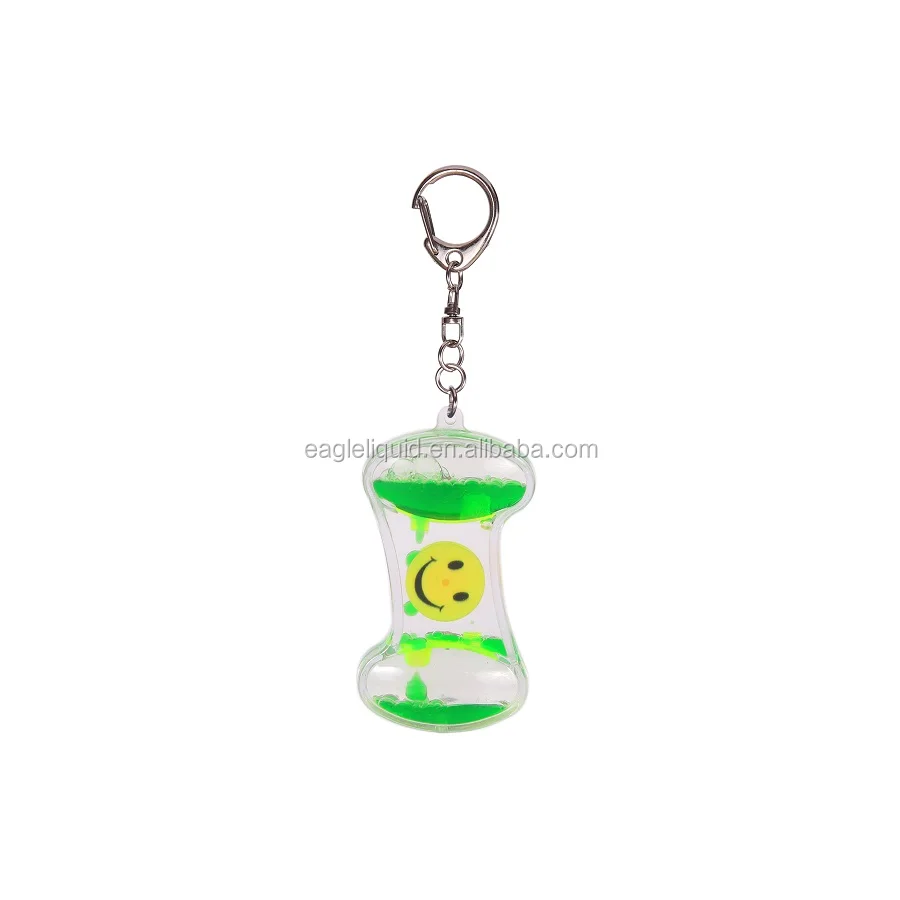 

Mini Aqua Hourglass Timer Keyring with Printed Wheel S Shape Acrylic Liquid Keychain