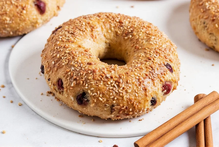 Close-up photograph of a sliced cinnamon raisin bagel showing visible raisins and cinnamon swirls in the dough