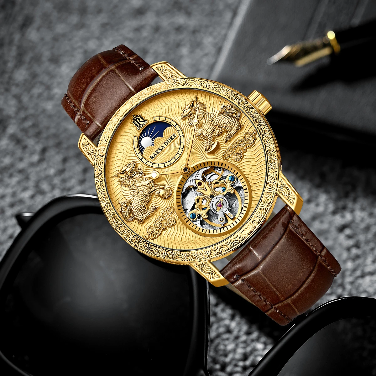 

RAKSA DUKE 2022 tourbillon automatic 3D dragon gold leather wristwatch for men
