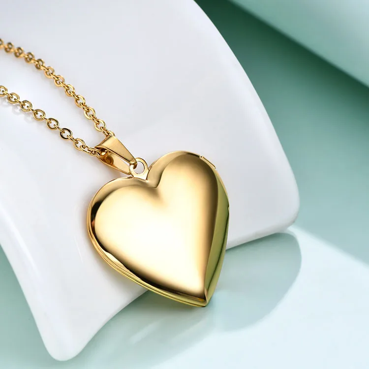 

Plain Valentine's Gift Locket Pictures Necklace Stainless Steel Heart Families Lover's Photo Pendant With Chain, Silver color