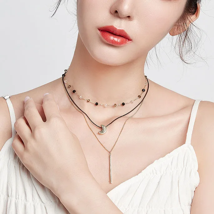 

Alibaba best sellers fashion simple and chic multi layer pendant geometric crescent moon bead women necklace, Gold color