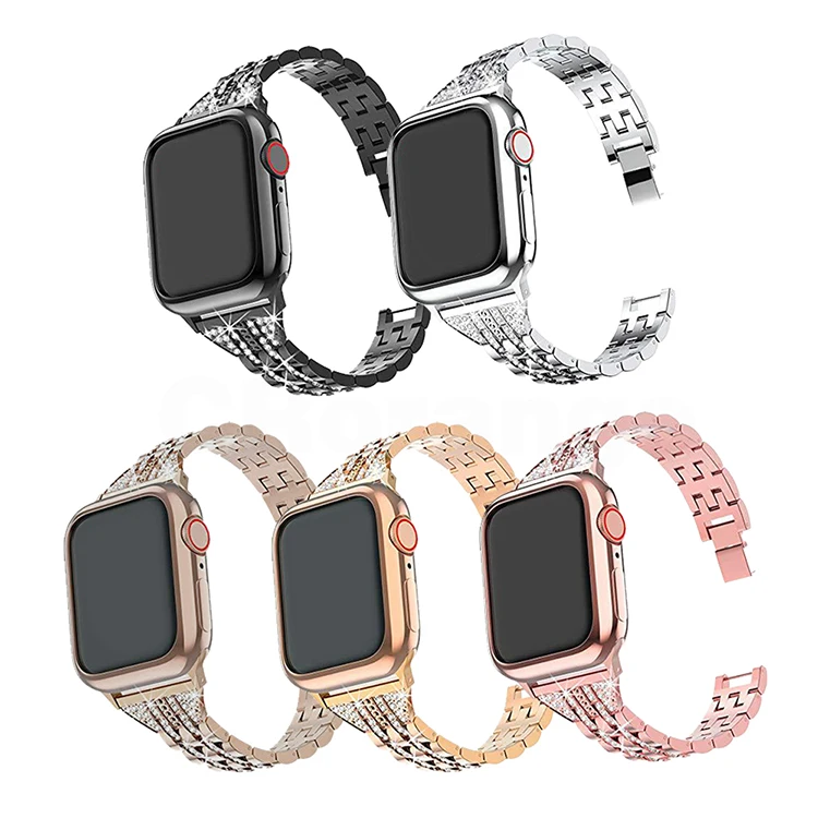 

Diamond Stainless Steel band for Apple Watch 42mm 38mm 44mm 40mm Luxury Bling Five beads Bracelet Metal Strap watch bands, 5 colors