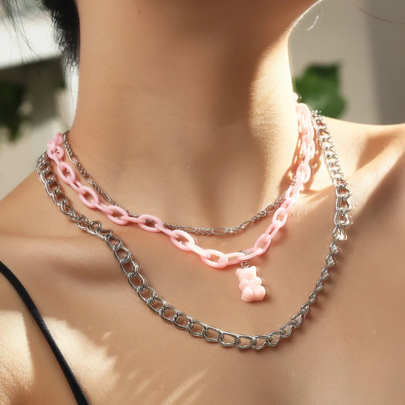 

European Punk Style Geometric Multi Layers Chunky Chain Choker Necklace Personalized Pink Gummy Bear Pendant Necklace, As picture show