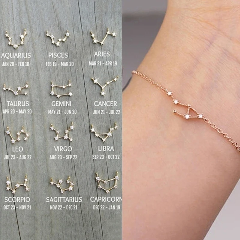 

Hot Sale Simple Crystal Zodiac Pattern Chain Bracelets Charm Bangles Baby Birthday Bracelet for Women Jewelry Gift, Gold, silver