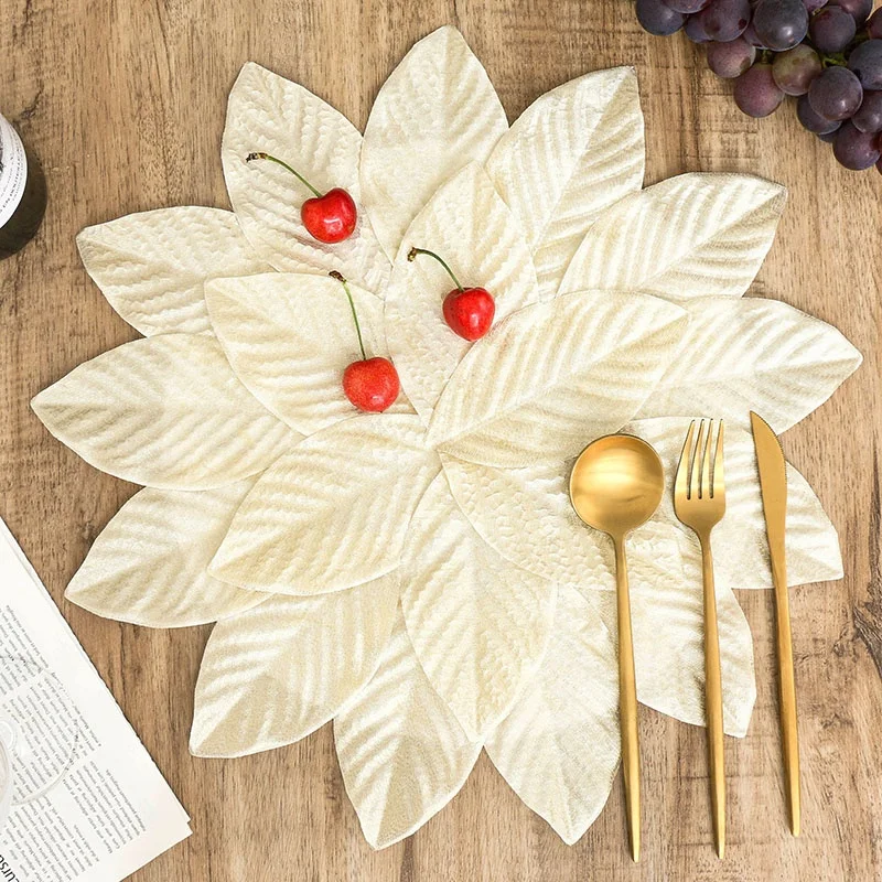 

IN STOCK Elegant Light Gold Champagne Color Leaf Round Flower Shaped Shiny Placemat Table Mat For Spring Wedding, Home Decor