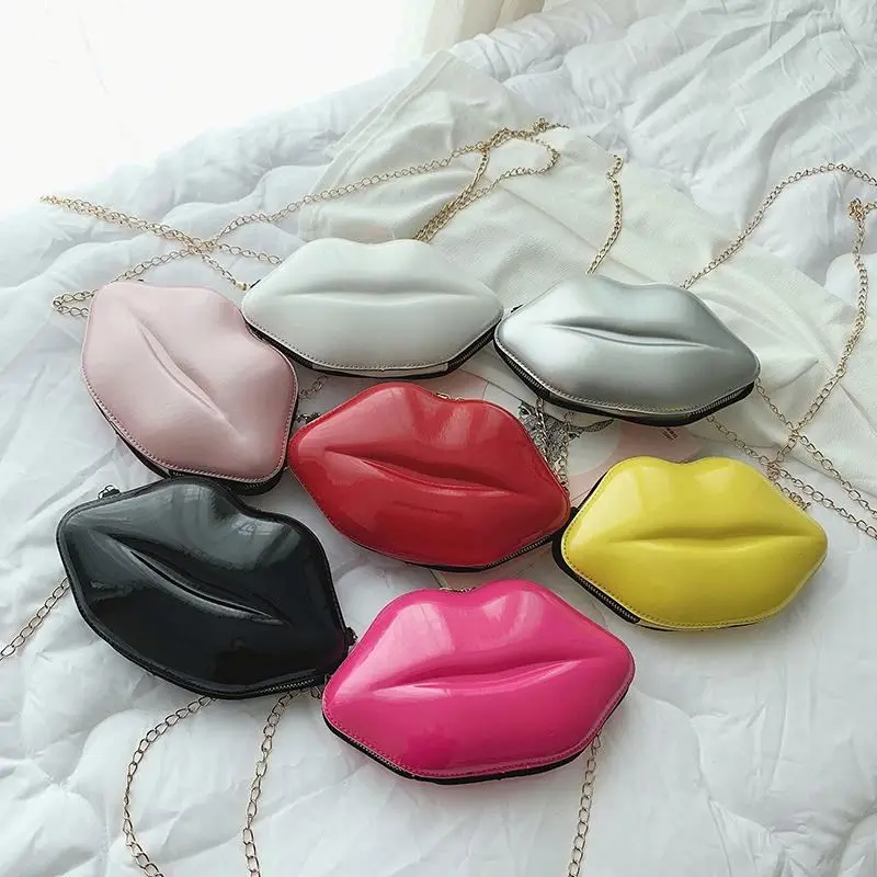 

New Style Sexy Red Lips Shaped Design Dazzling Women Party Clutch Bag Evening Crossbody Chain Purse