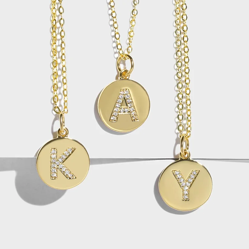 

Gold Plated Crystal CZ Coin Initial Letter Pendant Necklace Rose Gold Round Cubic Zirconia 26 Alphabet Letters Necklace